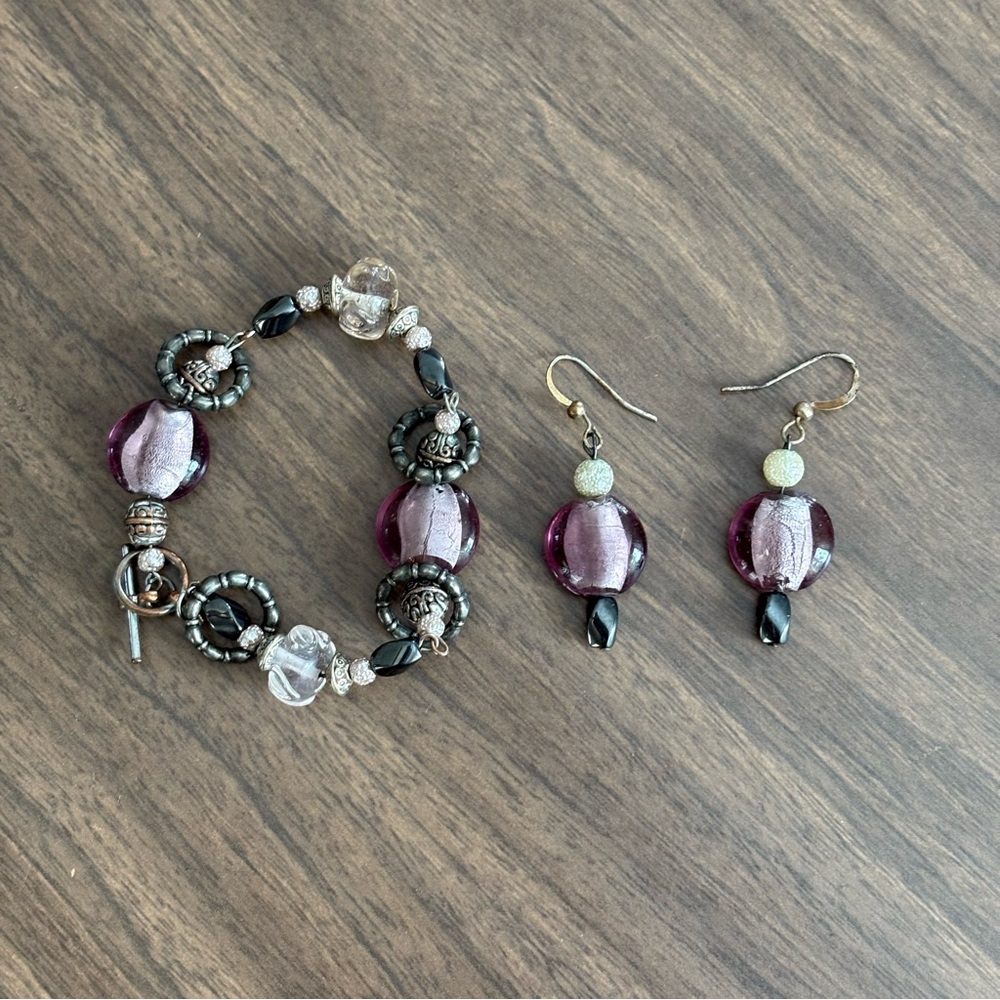Purple and Silver Beaded Bracelet and Earrings Set including Hematite beads